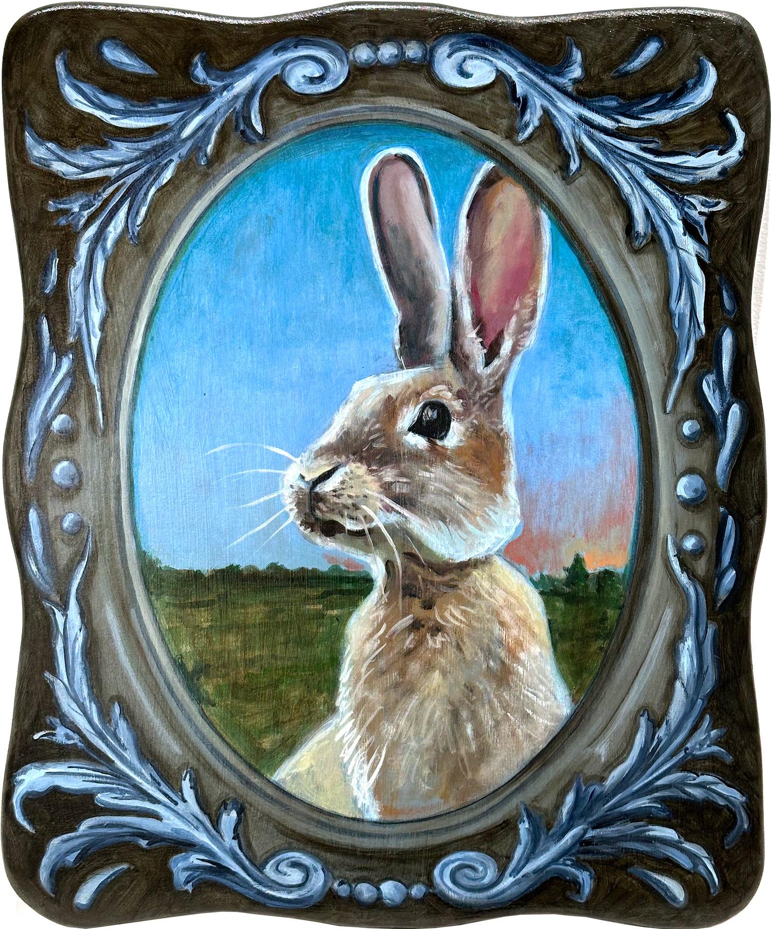 "Conejo" Retrato realista de conejo en el campo Pintura al óleo sobre panel de madera tallada