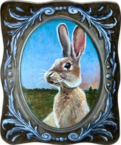 Portrait réaliste de lapin dans un champ, peinture à l'huile sur panneau de bois sculpté