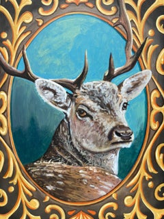 "Robert" Realist Deer Portrait in the Winter Oil Painting on Carved Wood Panel