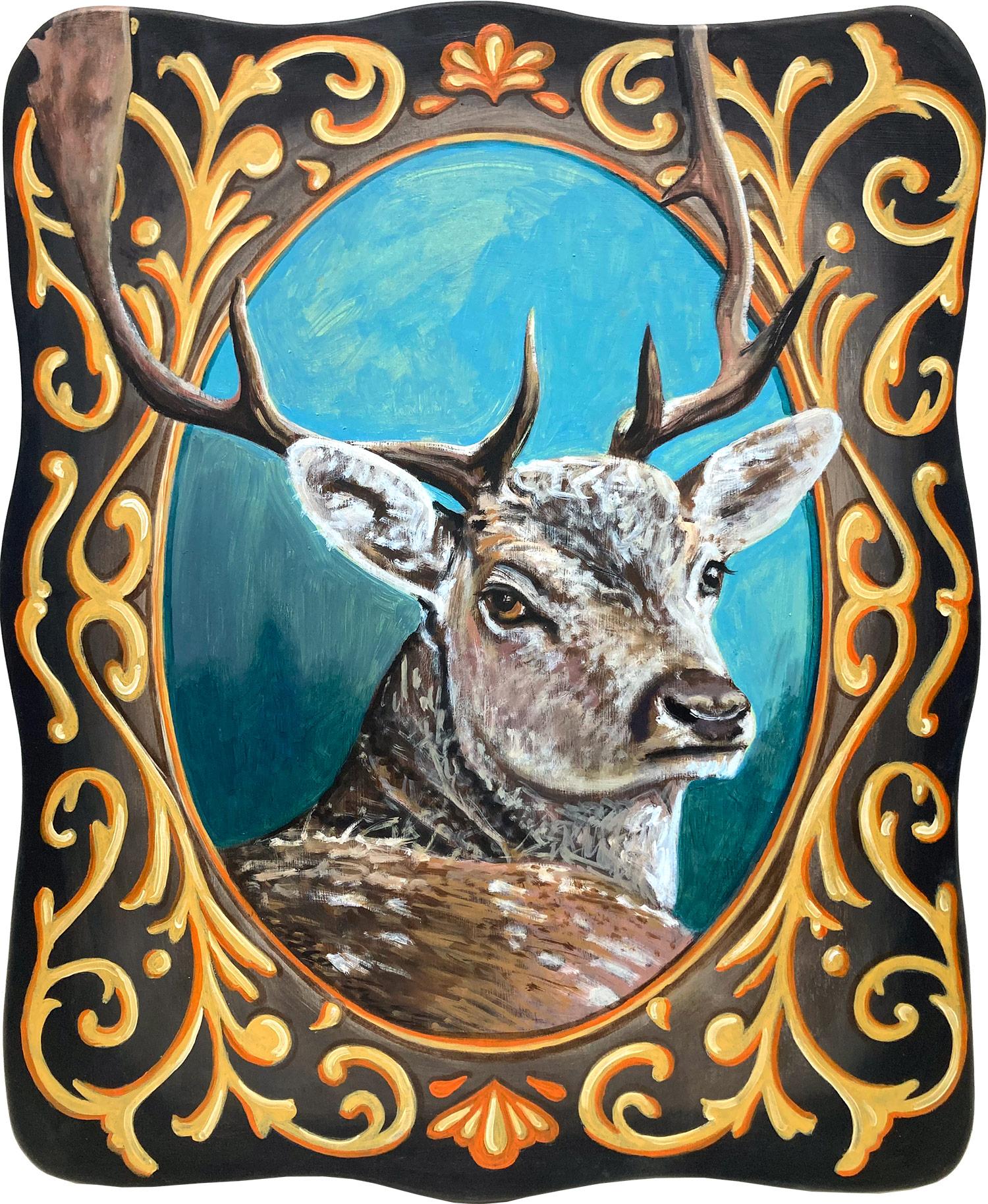 Animal Painting de Chaval - "Robert" Retrato realista de ciervo en invierno Pintura al óleo sobre panel de madera tallada
