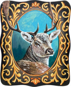 Portrait de cerf réaliste dans l'hiver, peinture à l'huile sur panneau de bois sculpté Robert