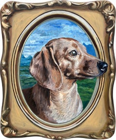 "Turner" Portrait réaliste de chien au champ Peinture à l'huile sur panneau de bois sculpté