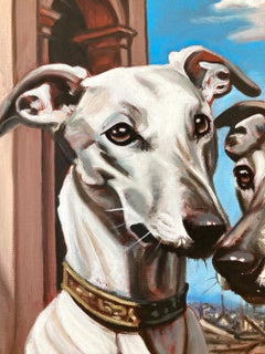 "Two Greyhounds" Realist Dogs in Venice Portrait Oil Painting on Canvas