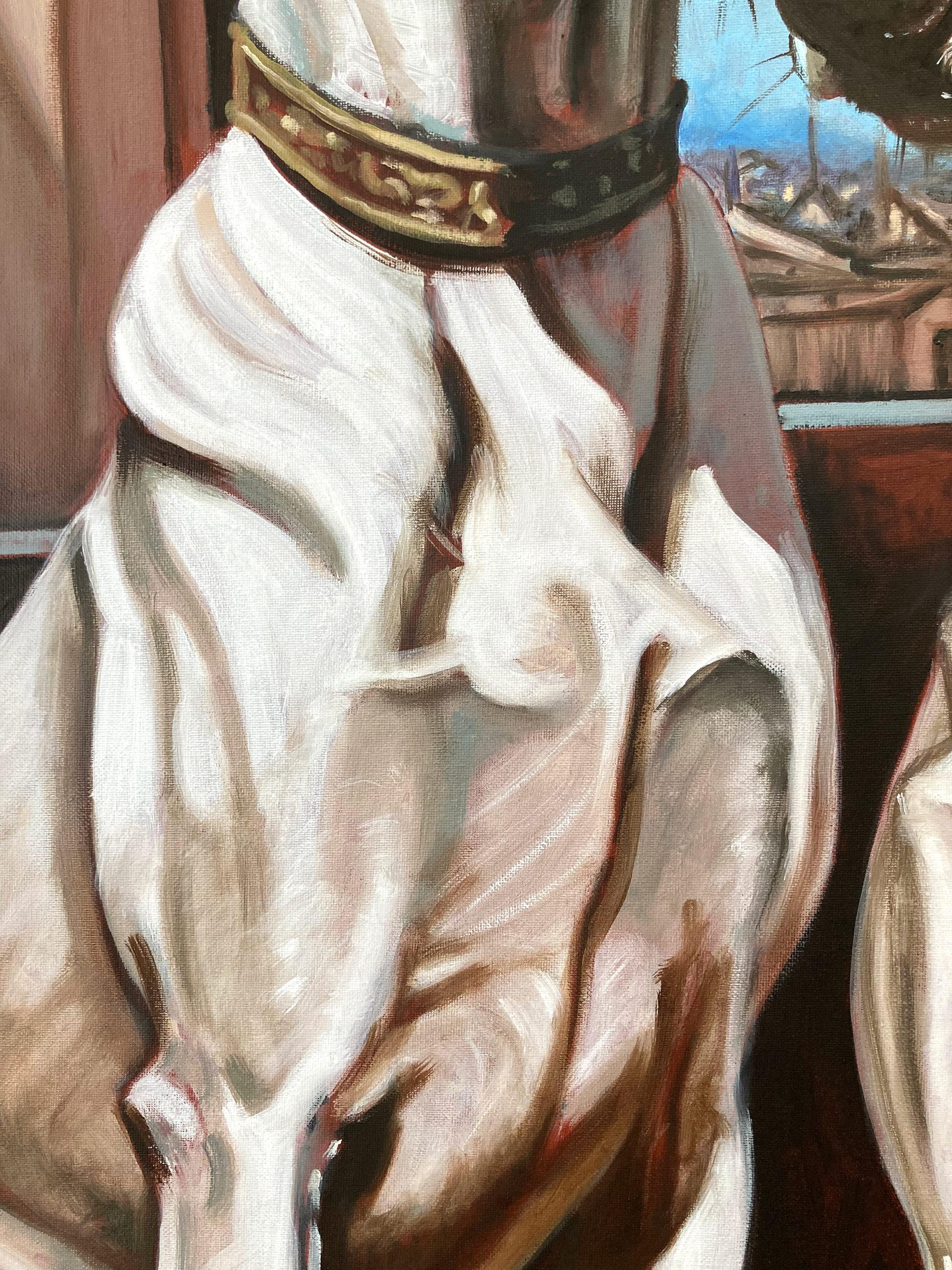 With the medium of traditional oil paint, this charming piece by Chaval is exceptionally detailed and thought-provoking. Following a realist approach, yet depicting some playful imperfections, gives this piece a spiritual character, revealing itself