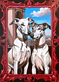 "Two Greyhounds" Realist Dogs in Venice Portrait Oil Painting on Canvas