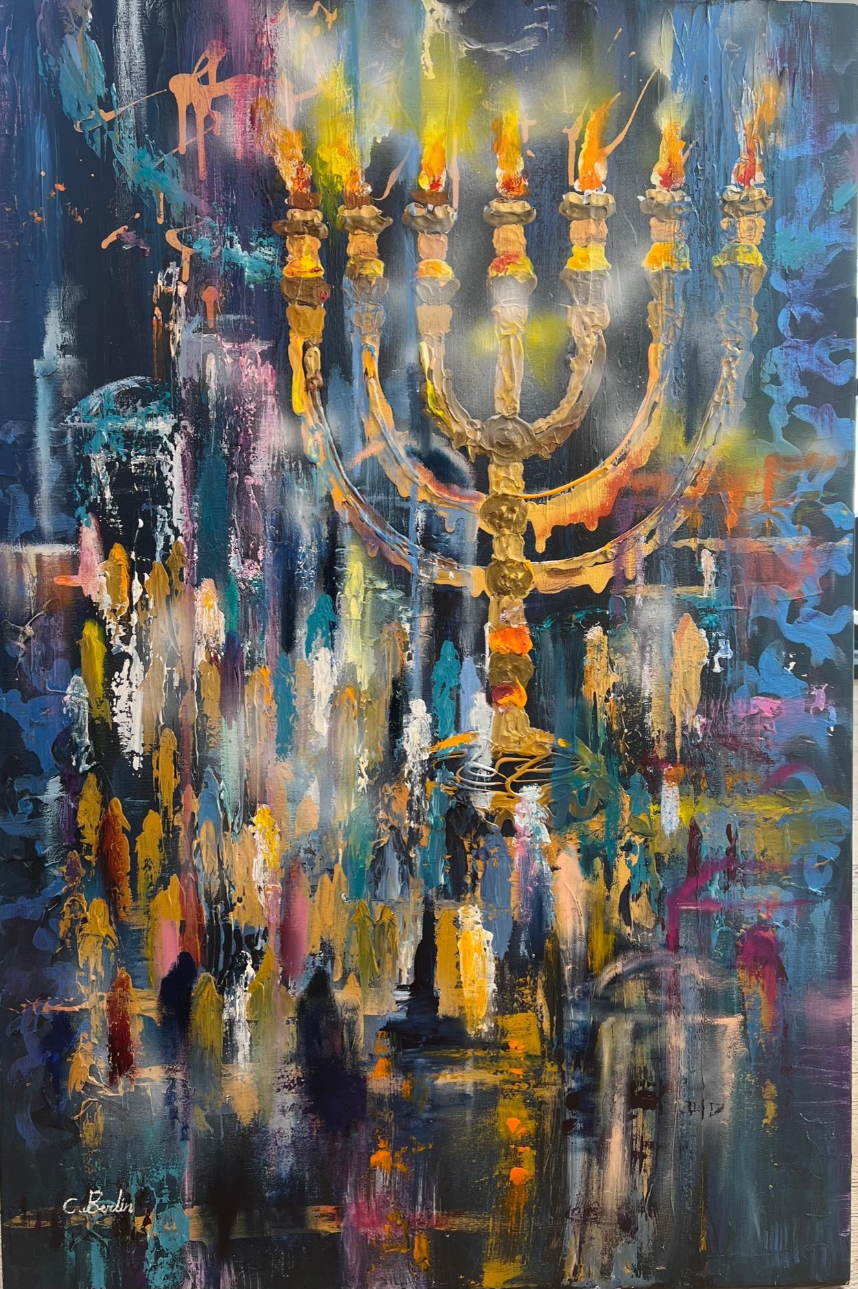 Impressive Menorah Jewish colorful oil canvas abstract painting gold and blue  - Painting by Chaya Berlin