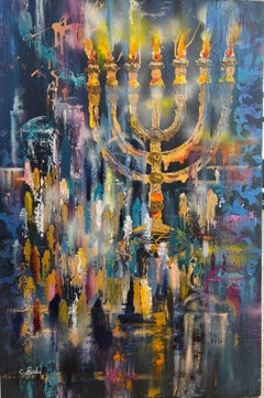 Impressive Menorah Jewish colorful oil canvas abstract painting gold and blue 