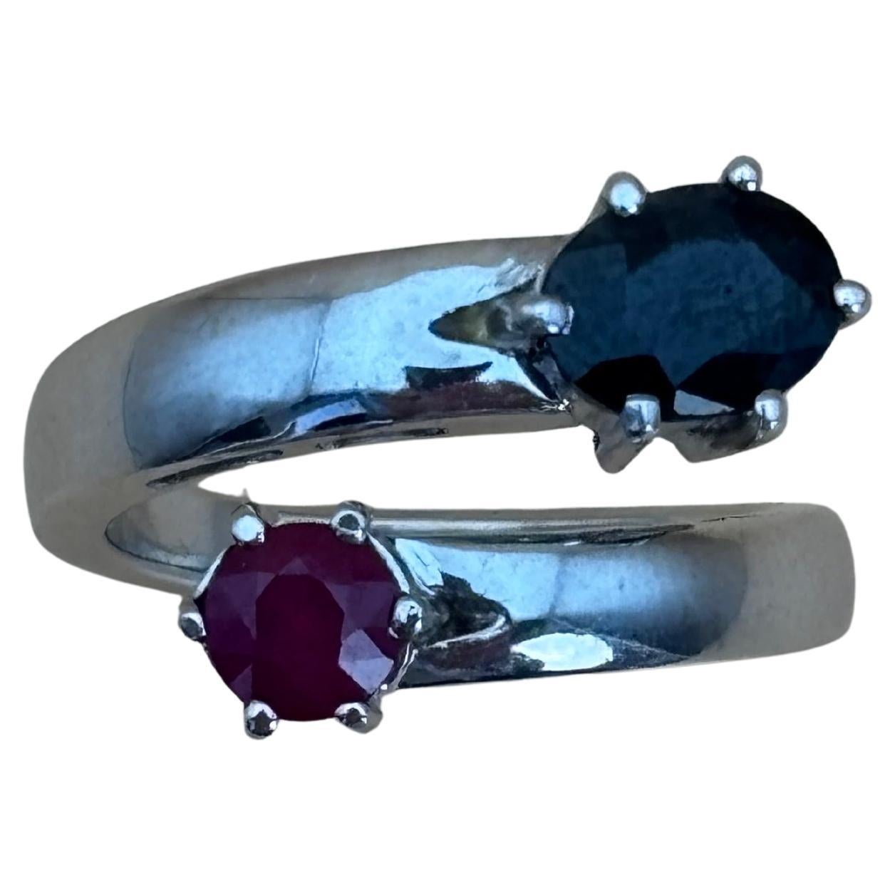 Chaya Jewellery Contemporary 18k White Gold Ruby and Sapphire Toi et Moi Bypass For Sale