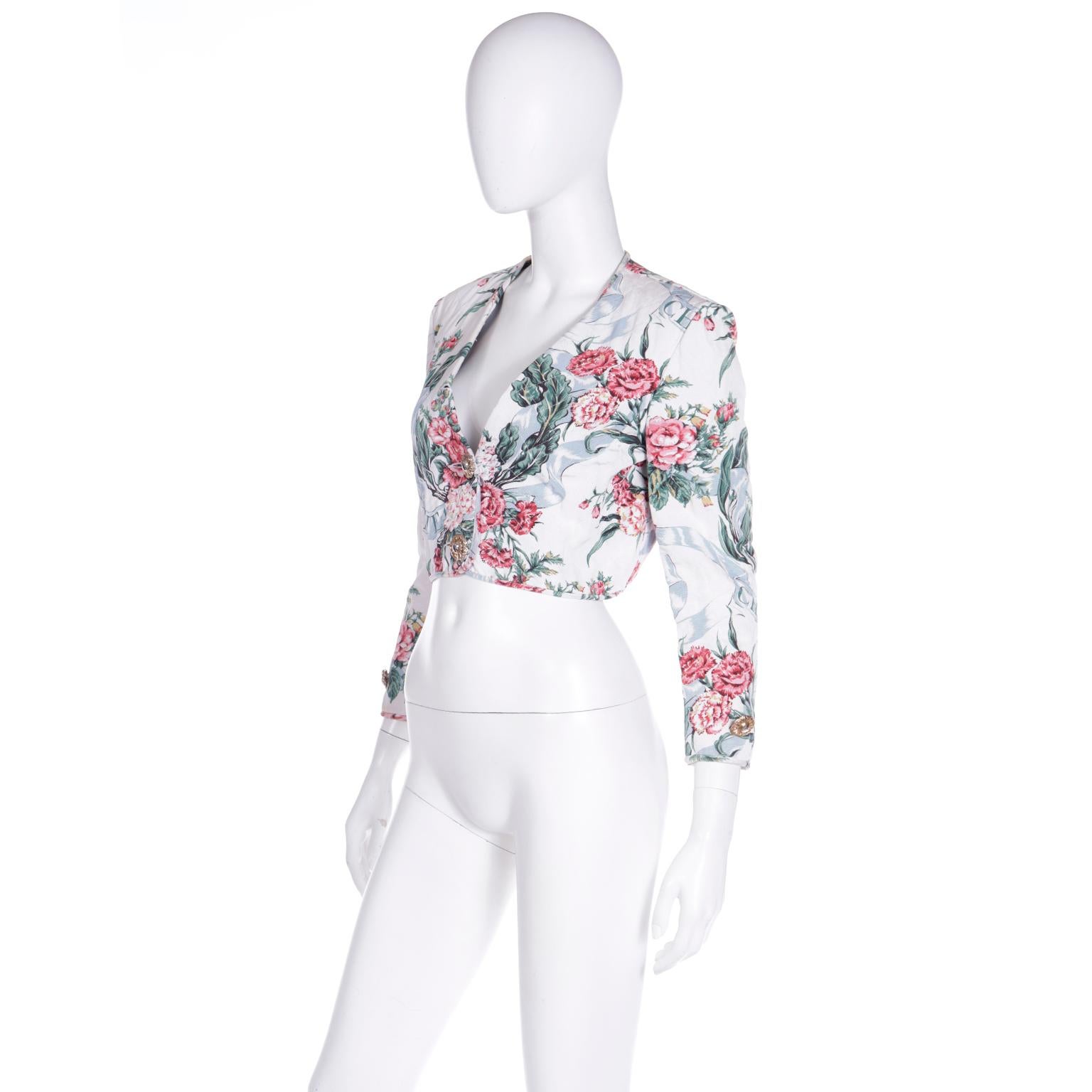 Women's Cheap and Chic by Moschino Vintage Quilted Pink & Green Floral Cropped Jacket For Sale