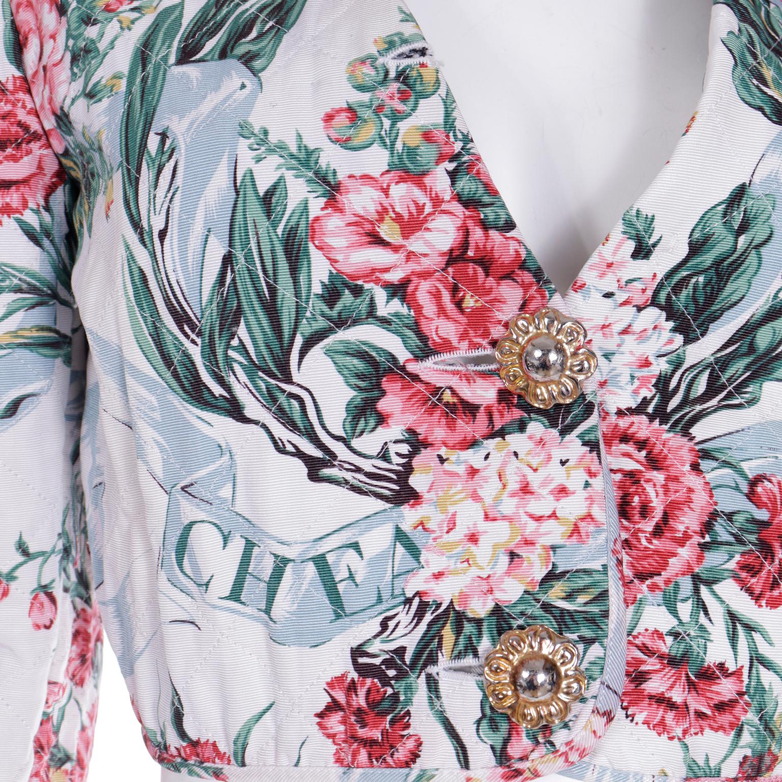 Cheap and Chic by Moschino Vintage Quilted Pink & Green Floral Cropped Jacket For Sale 2