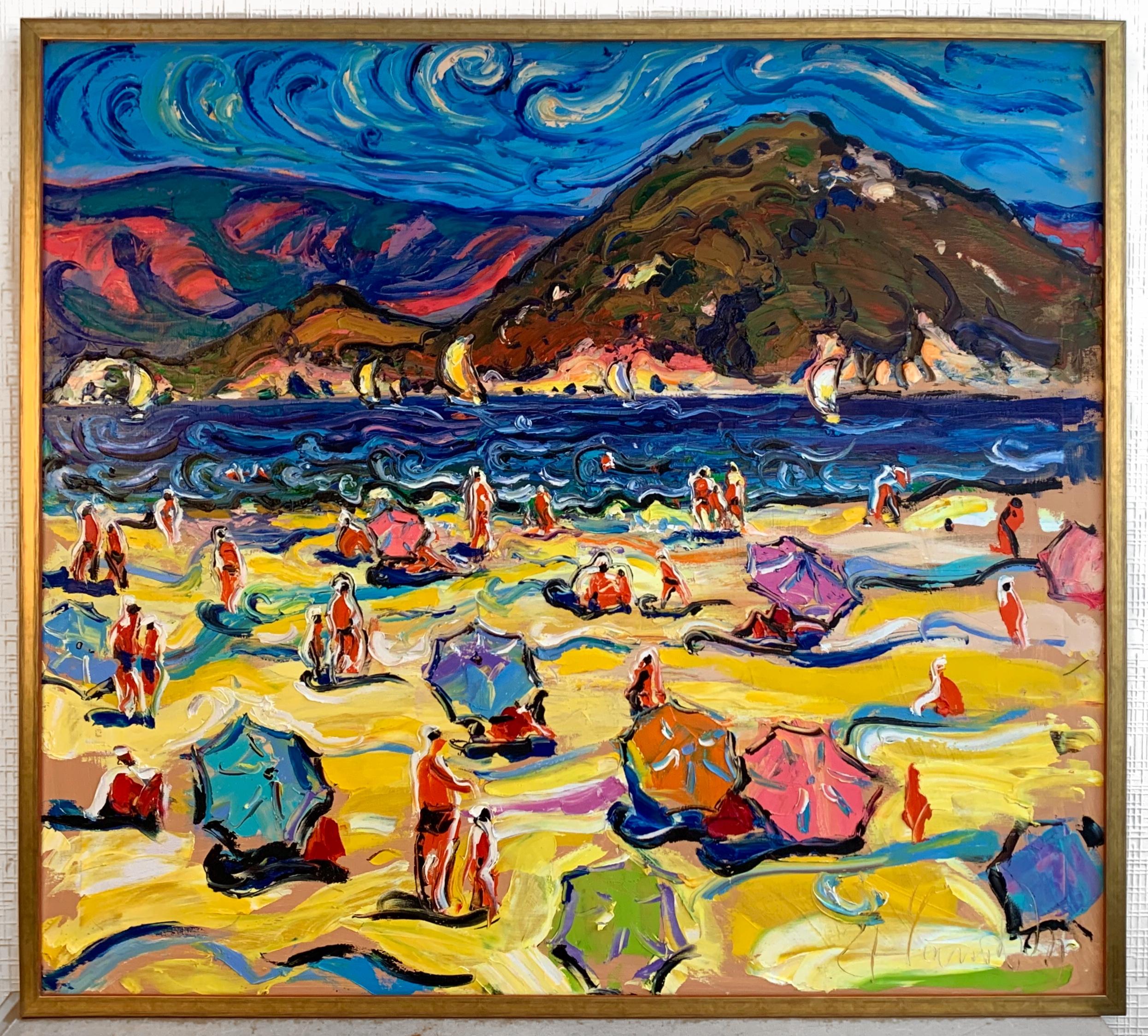 Modern Art Beach Landscape Oil Canvas Framed Seaside Painting by Chebotaru A. - Black Landscape Painting by Chebotaru Andrey