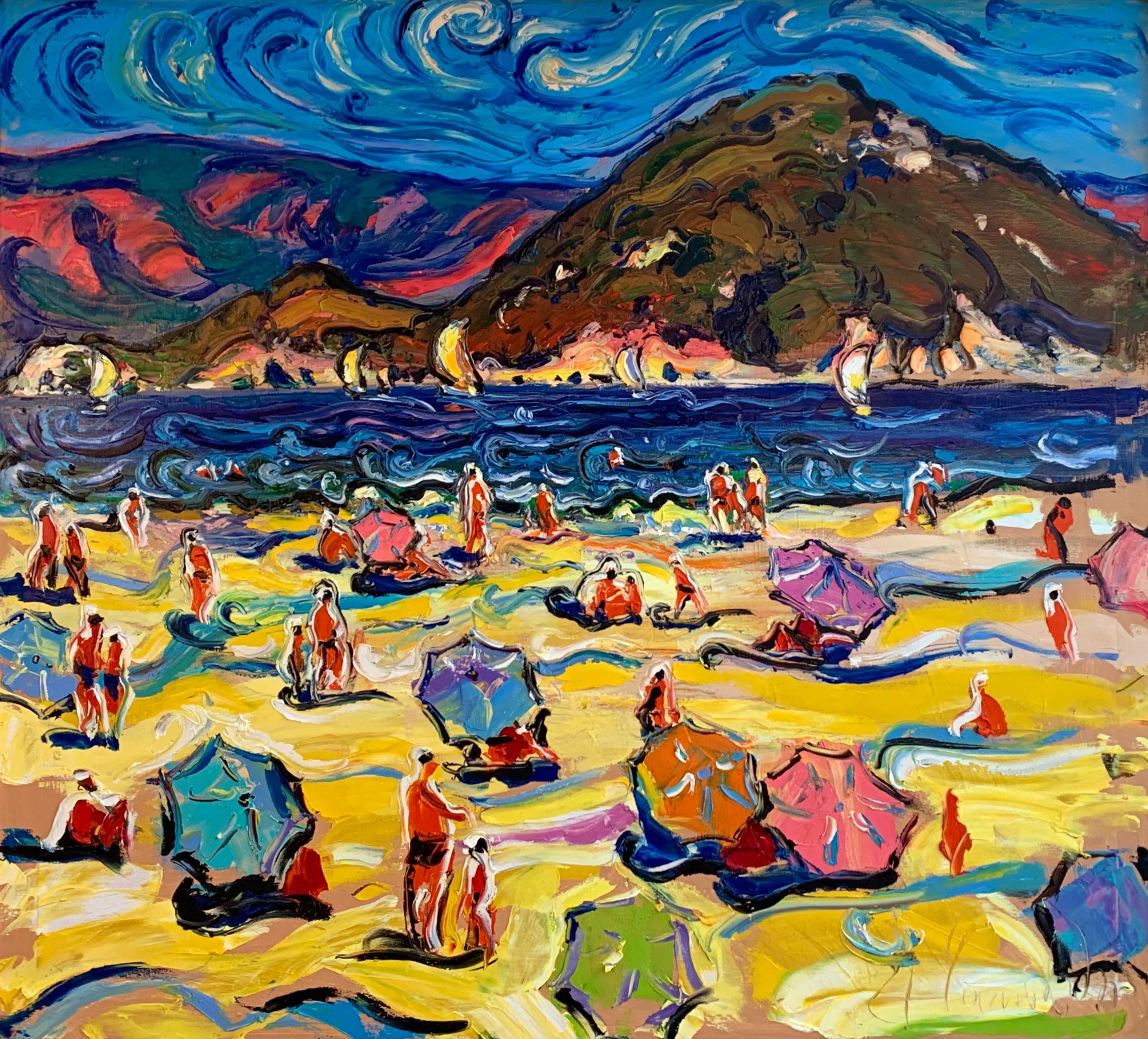 Modern Art Beach Landscape Oil Canvas Framed Seaside Painting by Chebotaru A. For Sale 1