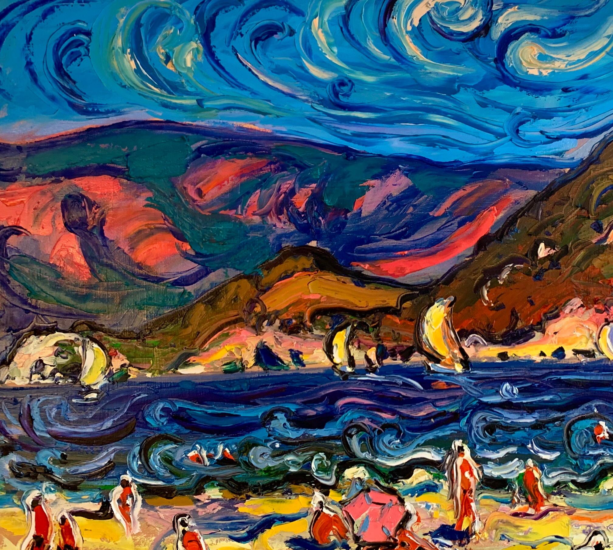 Modern Art Beach Landscape Oil Canvas Framed Seaside Painting by Chebotaru A. For Sale 2