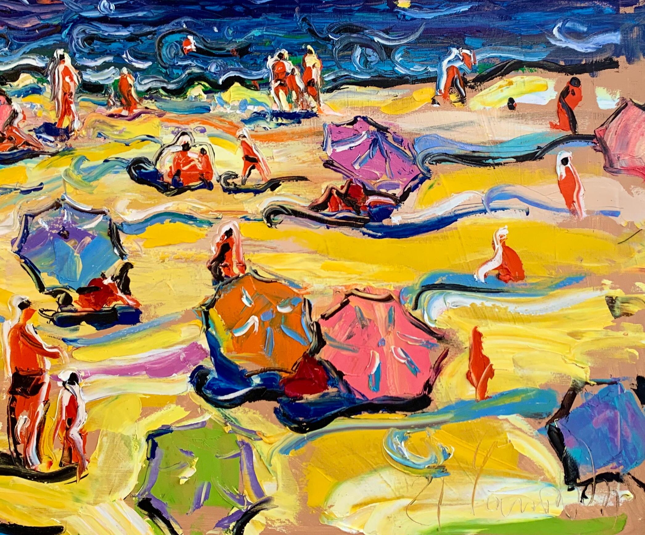 Modern Art Beach Landscape Oil Canvas Framed Seaside Painting by Chebotaru A. For Sale 5