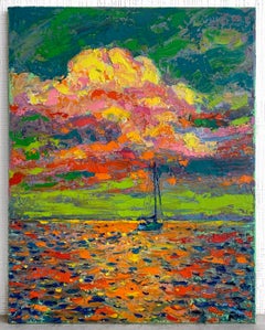 Modern Art Sunset Seascape Boat Landscape Oil Canvas Painting by Chebotaru A.