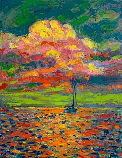 Modern Art Sunset Seascape Boat Landscape Oil Canvas Painting by Chebotaru A.