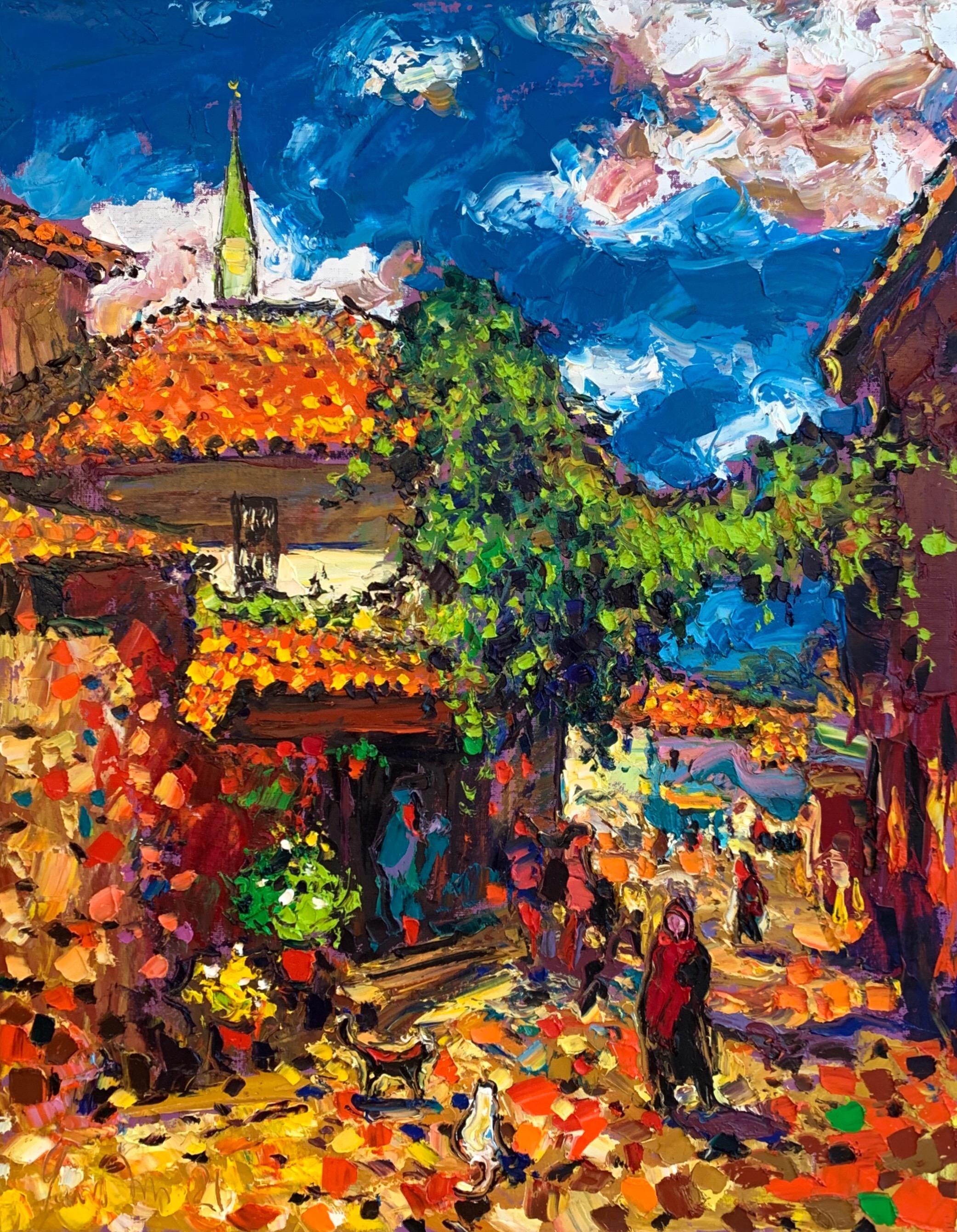 Modern Art Turkish Town Landscape Oil Canvas City Streets Painting by Chebotaru For Sale 3