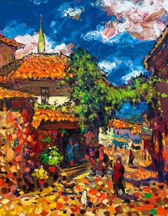 Modern Art Turkish Town Landscape Oil Canvas City Streets Painting by Chebotaru