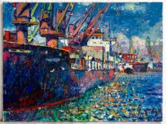 Modern Industrial Art Sea Port Landscape Oil Canvas Painting by Chebotaru A.