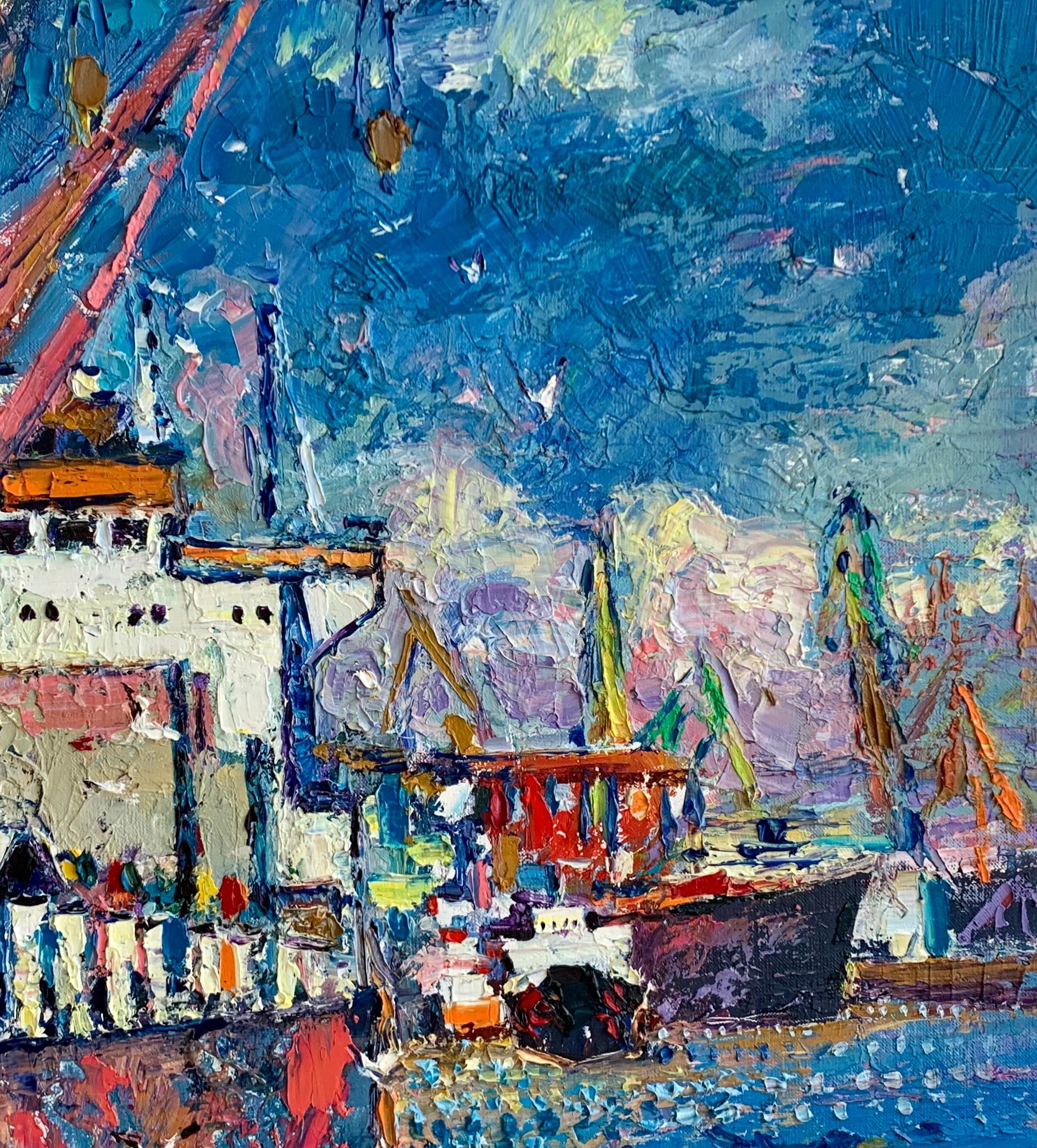 Modern Industrial Art Sea Port Landscape Oil Canvas Painting by Chebotaru A.
This is a contemporary original artwork by a well known Ukrainian artist Andrey Chebotaru (born in 1984). 
This piece of art was painted in 2020 in Odessa, Ukraine, and was