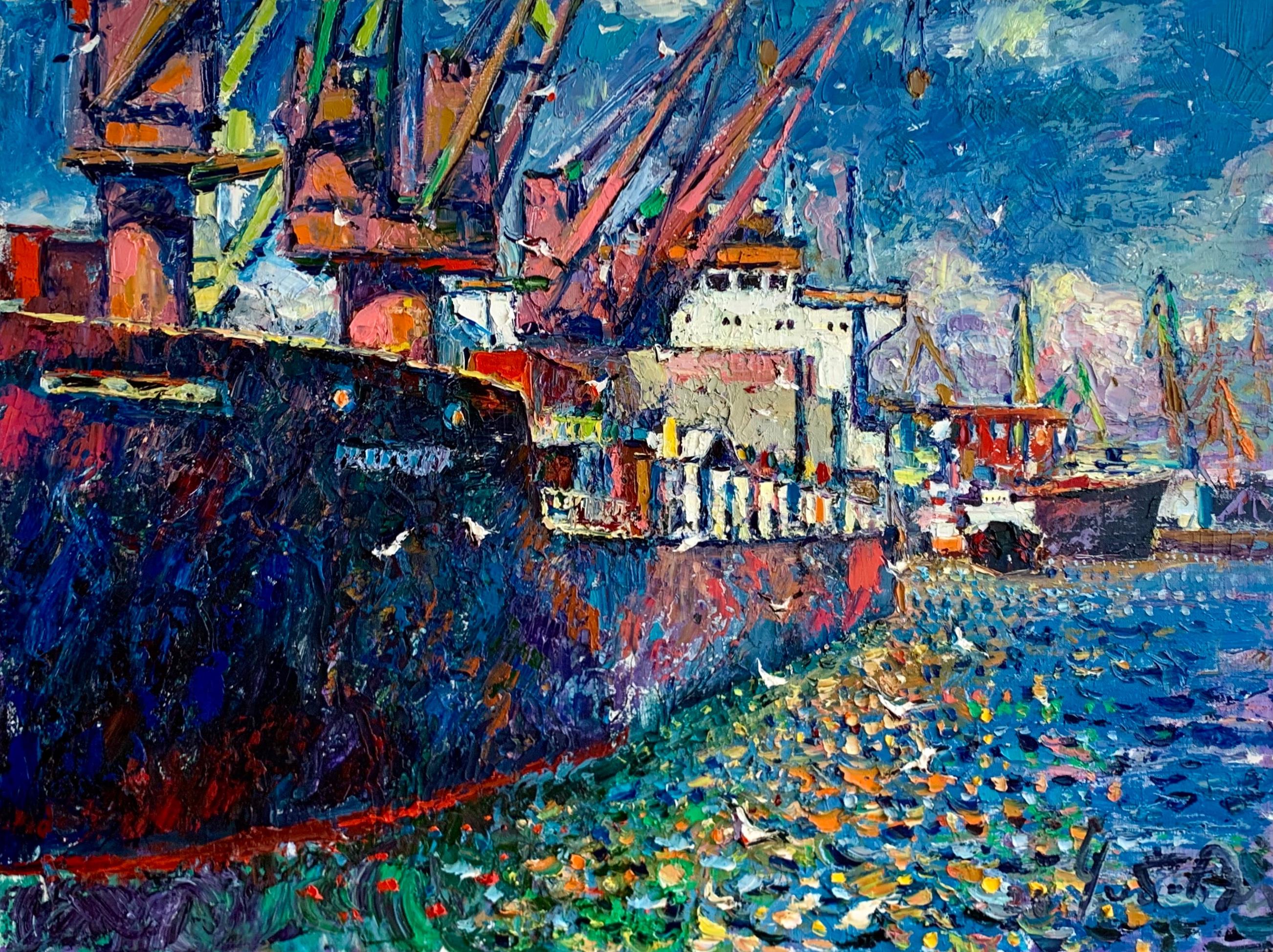 Modern Industrial Art Sea Port Landscape Oil Canvas Painting by Chebotaru A. For Sale 4