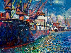 Modern Industrial Art Sea Port Landscape Oil Canvas Painting by Chebotaru A.