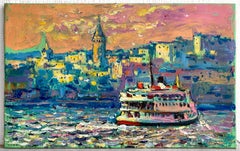 Sunset Seascape Modern Art Istanbul Galata Painting Oil Canvas by Chebotaru A.