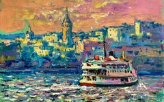 Sunset Seascape Modern Art Istanbul Galata Painting Oil Canvas by Chebotaru A.