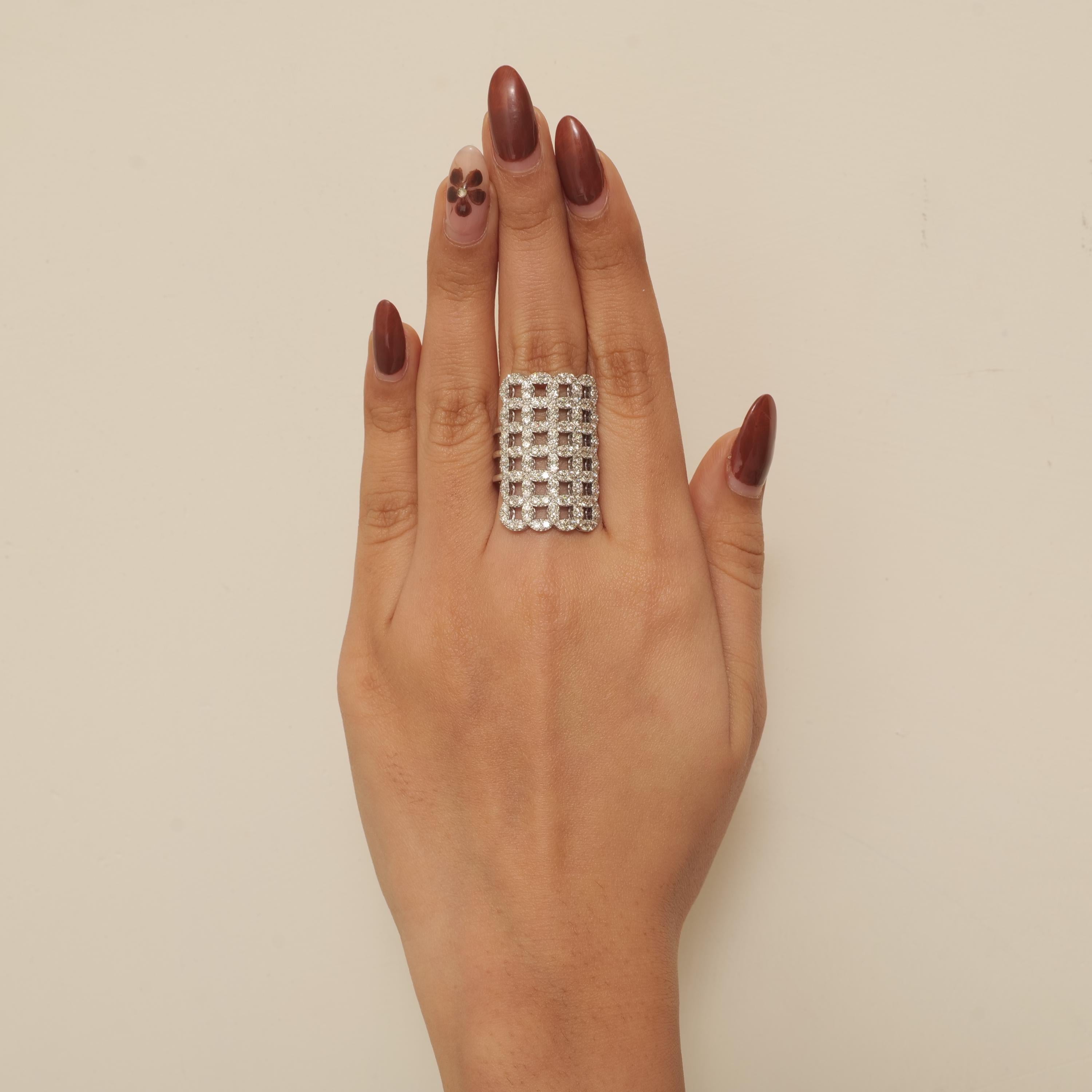 Art déco Bague cocktail à triple tige en or massif 14 carats à motif de carreaux, certifiée en vente