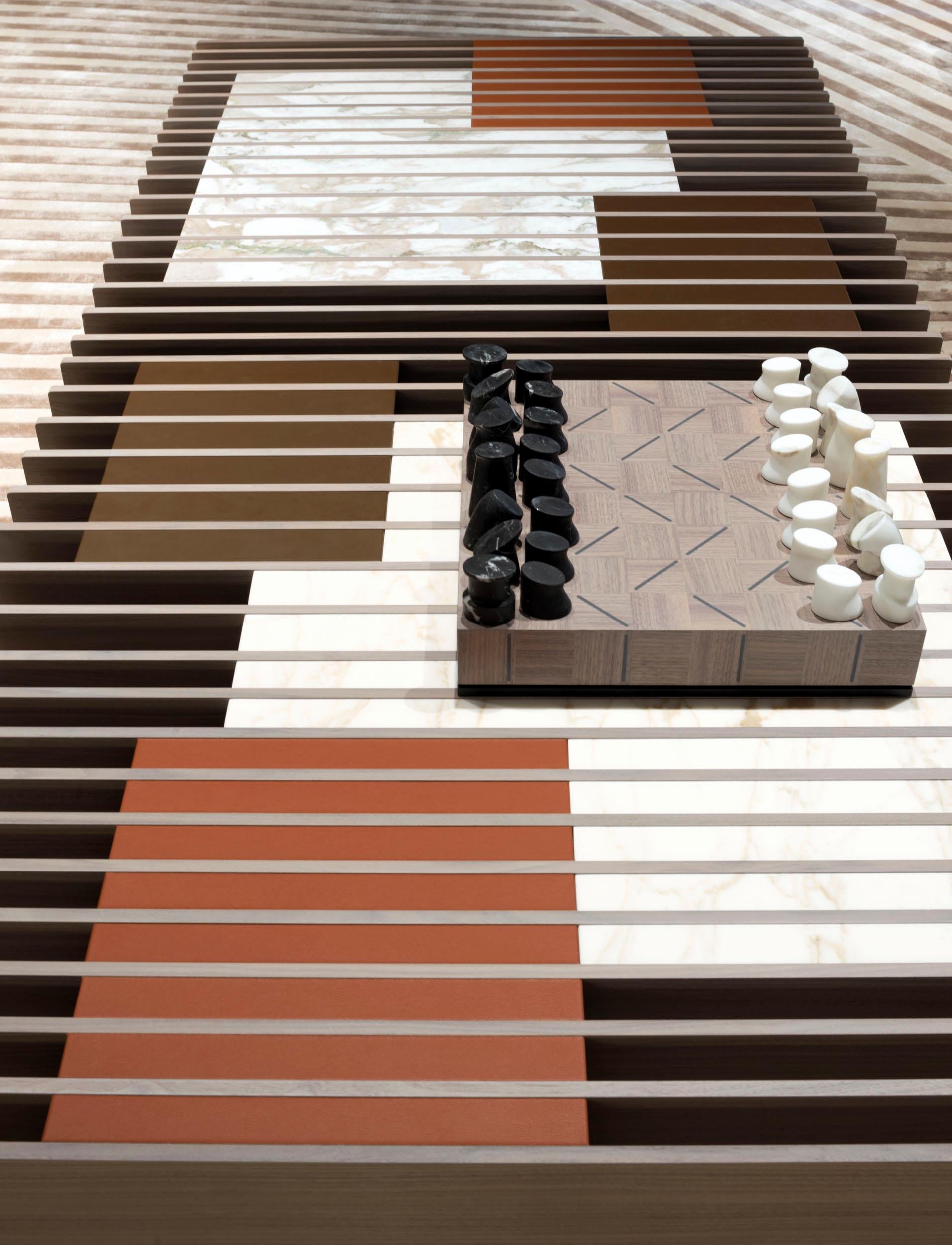 Contemporary Check-Mate, Canaletto walnut chessboard with marble pieces For Sale