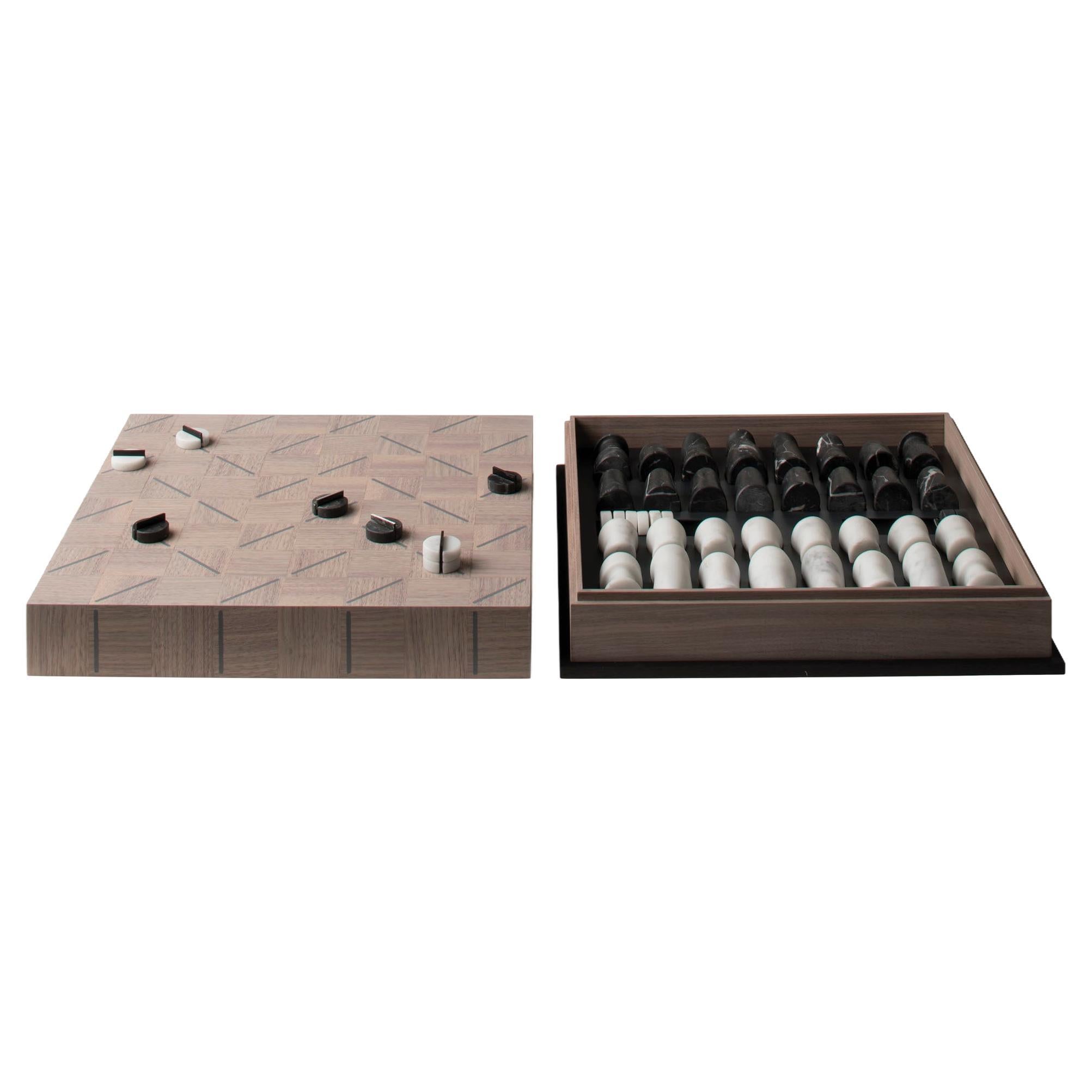 Check-Mate, Canaletto walnut chessboard with marble pieces For Sale