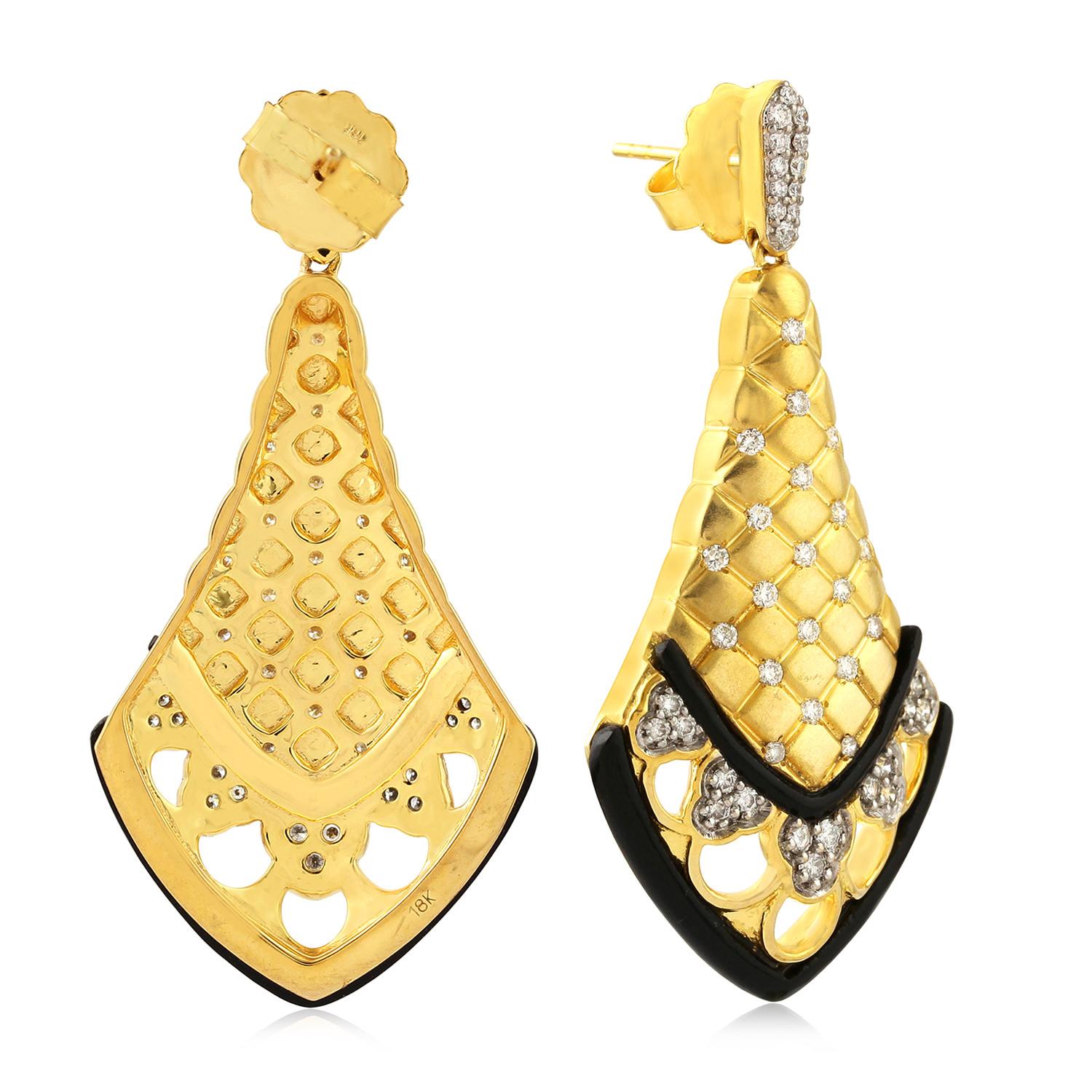 Contemporary Checker Black Onyx Diamond 14 Karat Gold Earrings For Sale