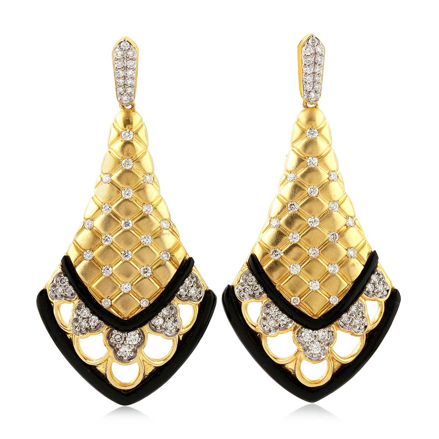 Mixed Cut Checker Black Onyx Diamond 14 Karat Gold Earrings For Sale