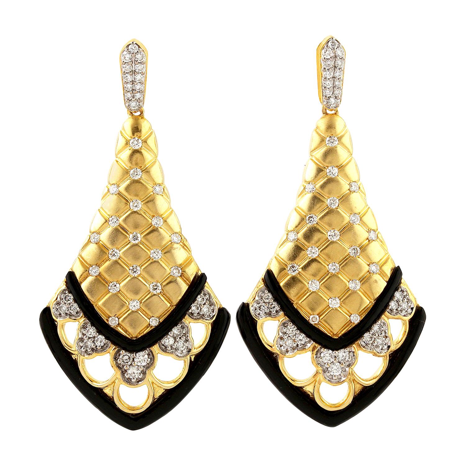 Checker Black Onyx Diamond 14 Karat Gold Earrings For Sale