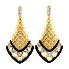 Checker Black Onyx Diamond 14 Karat Gold Earrings