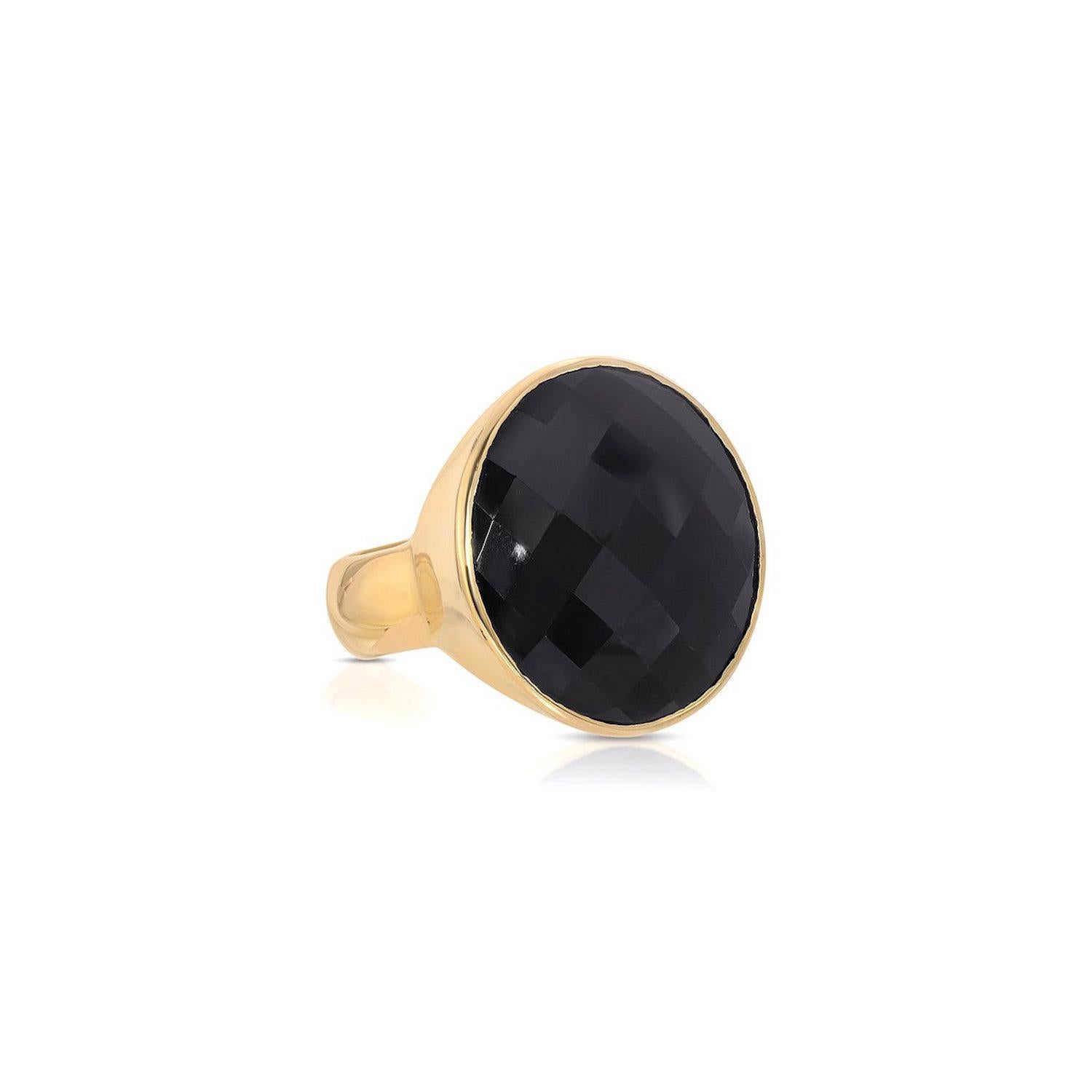 A gorgeous cocktail ring of a modern design.  The exceptional faceting of this 12 Carats Black Onyx adds to the eternal glamour of this stylish ring. This ring is set in pure 22 Karat Gold overlay Silver.