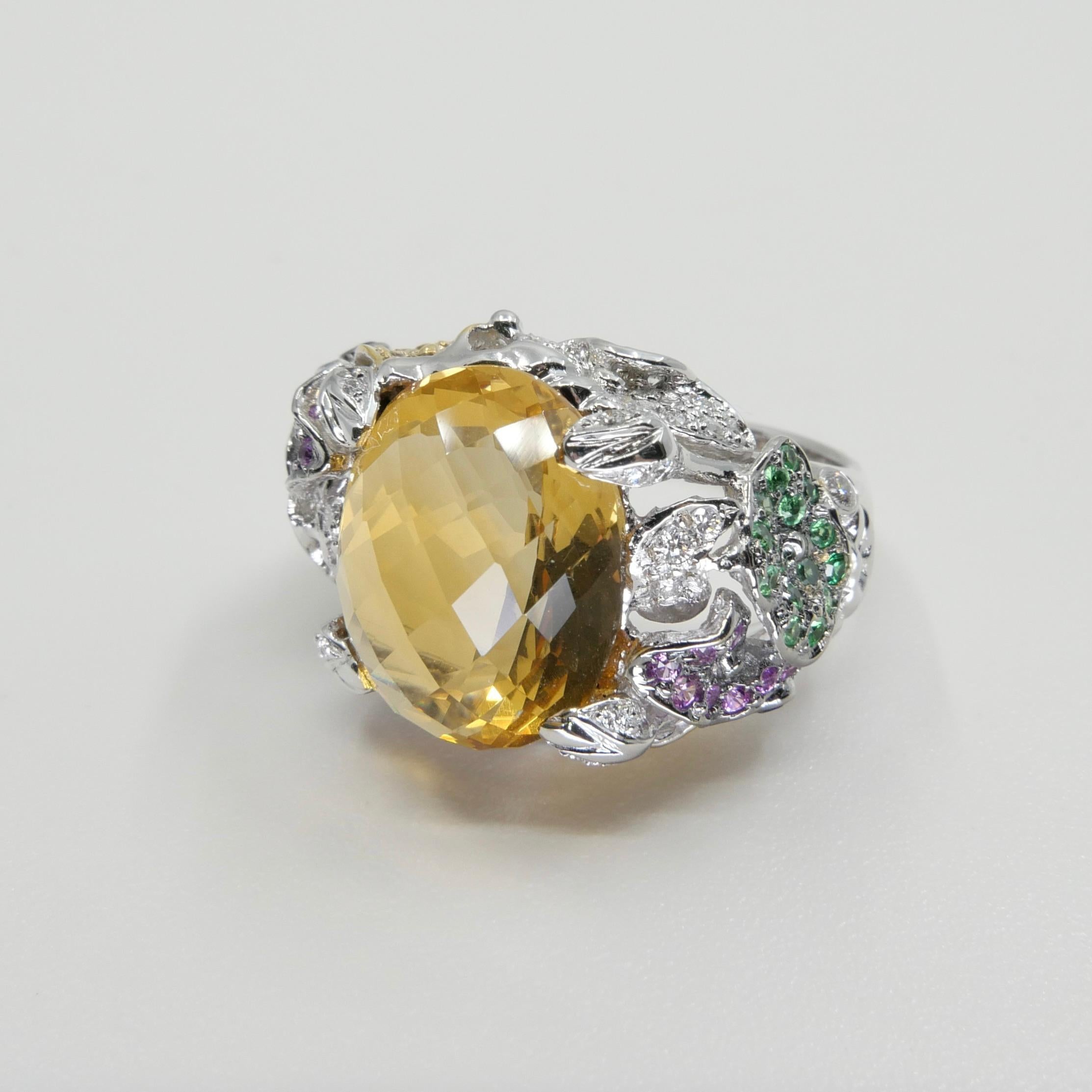Checker Cut Yellow Topaz, Diamond & Colored Gemstones Cocktail Ring, Colorful For Sale 3