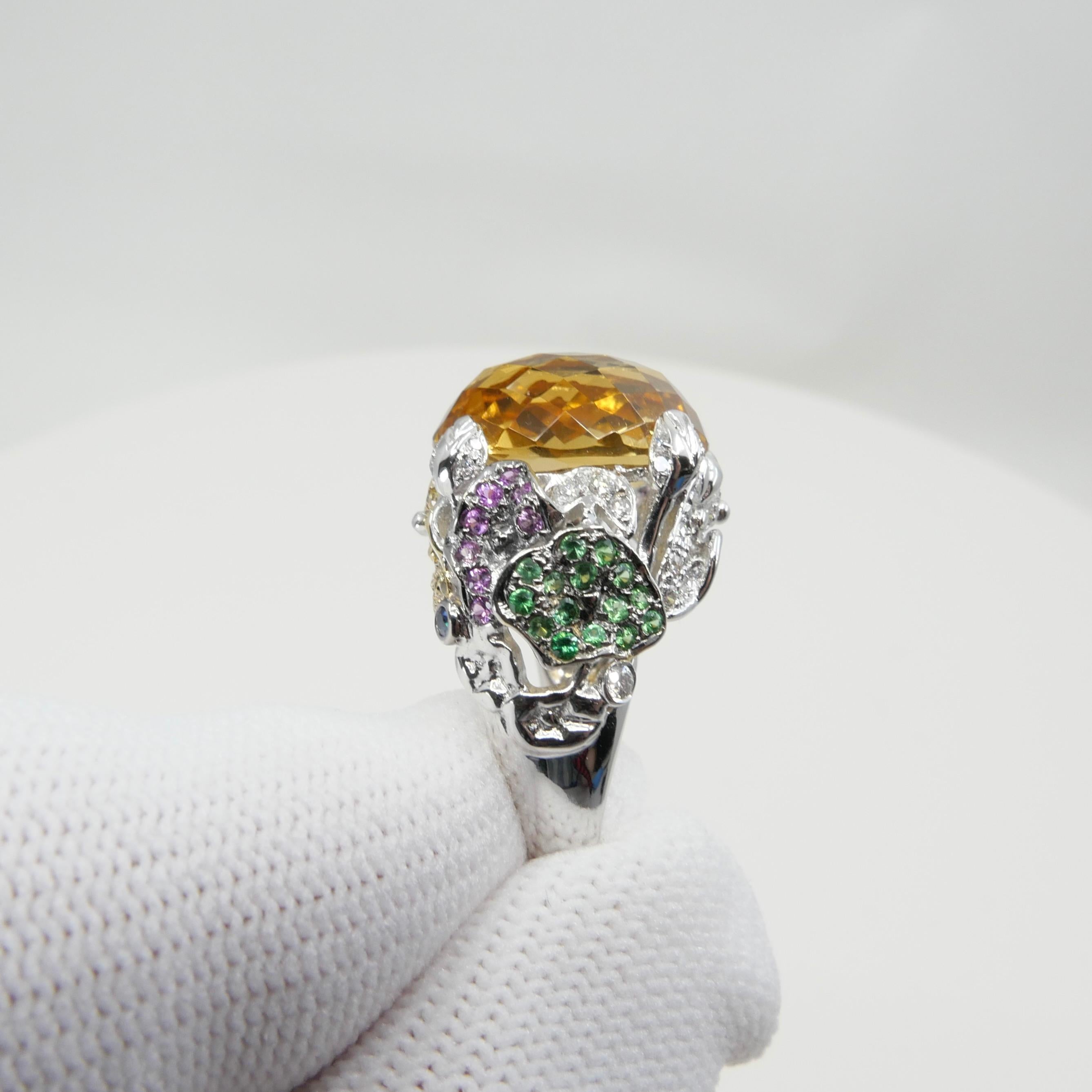 Checker Cut Yellow Topaz, Diamond & Colored Gemstones Cocktail Ring, Colorful For Sale 4