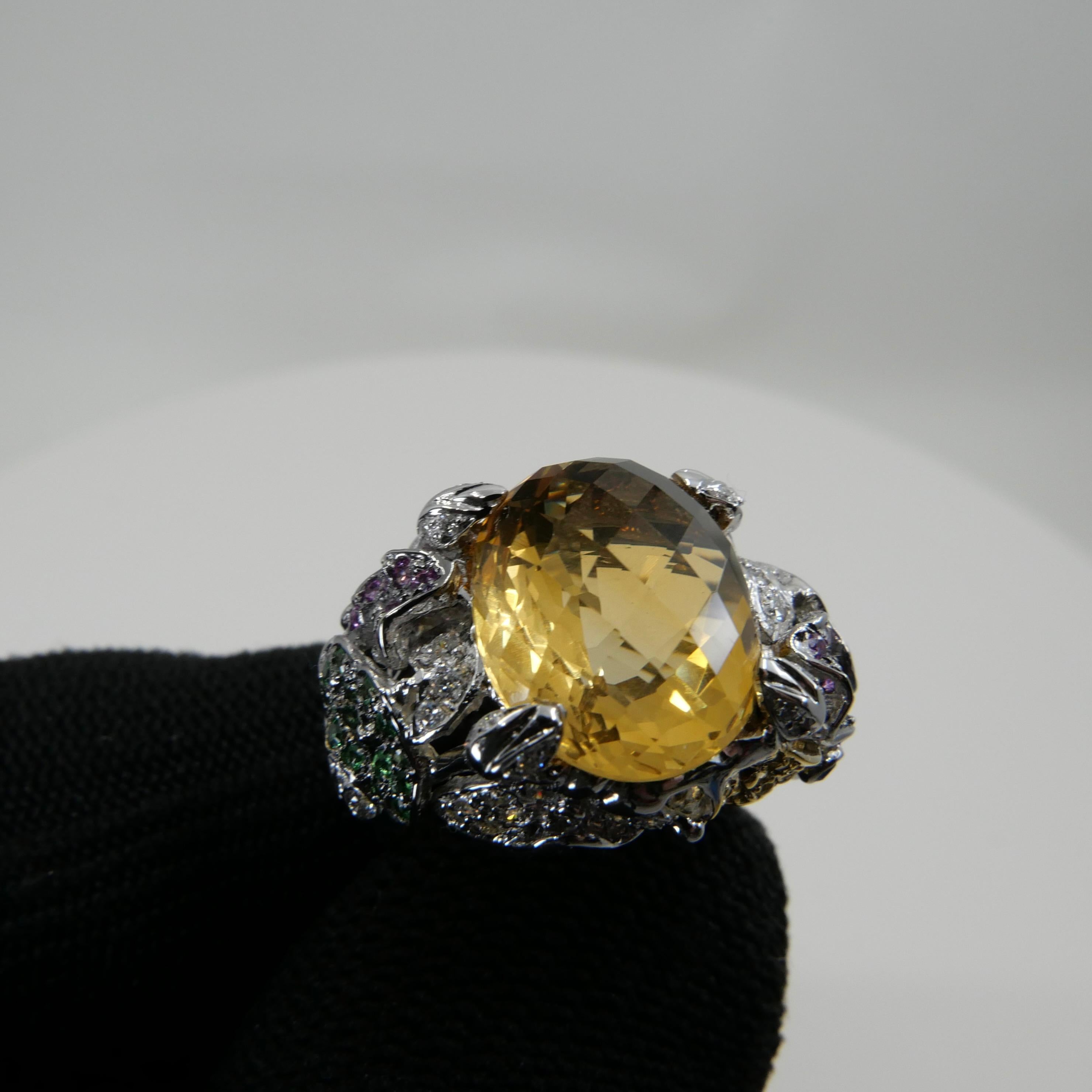 Checker Cut Yellow Topaz, Diamond & Colored Gemstones Cocktail Ring, Colorful For Sale 6
