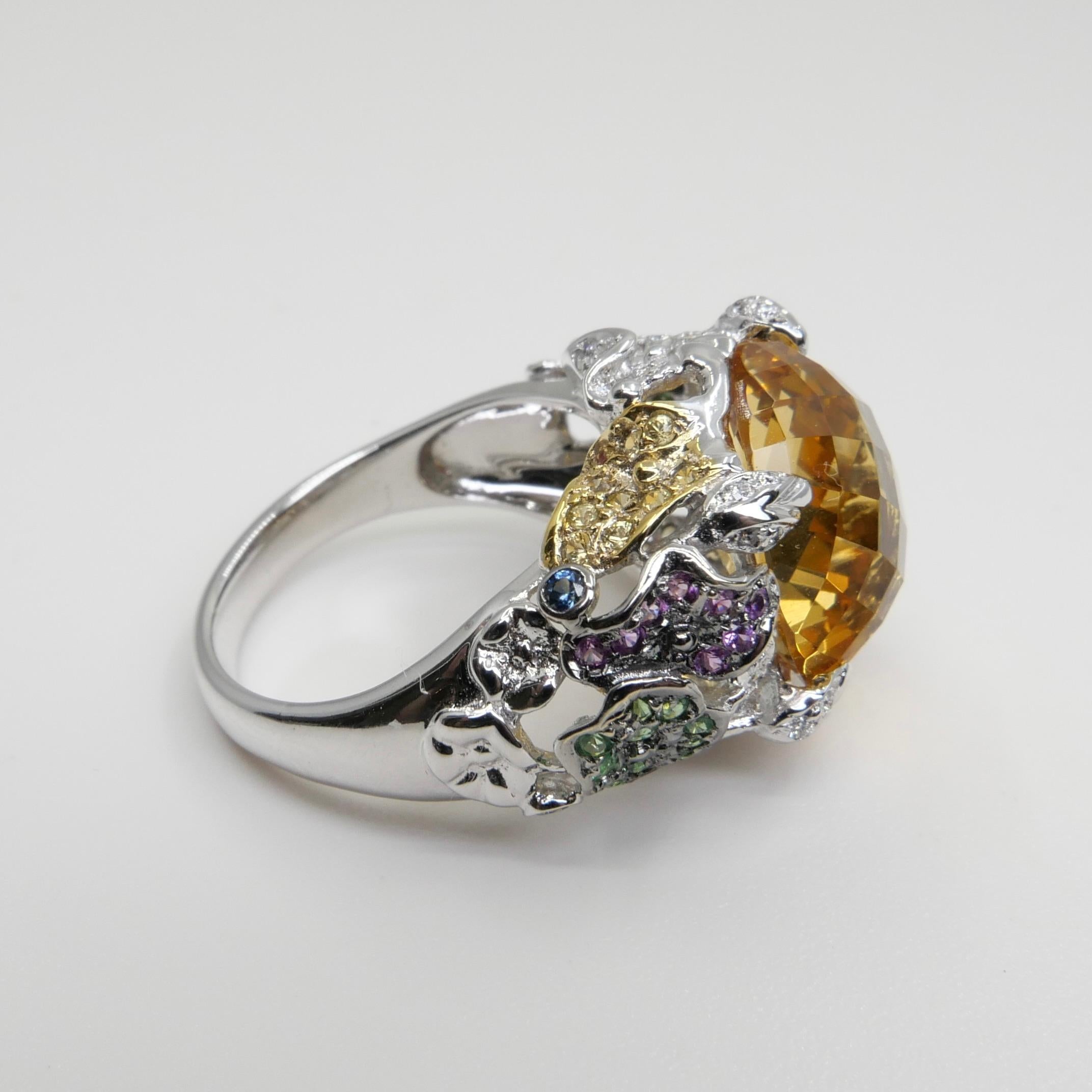 Checker Cut Yellow Topaz, Diamond & Colored Gemstones Cocktail Ring, Colorful For Sale 8