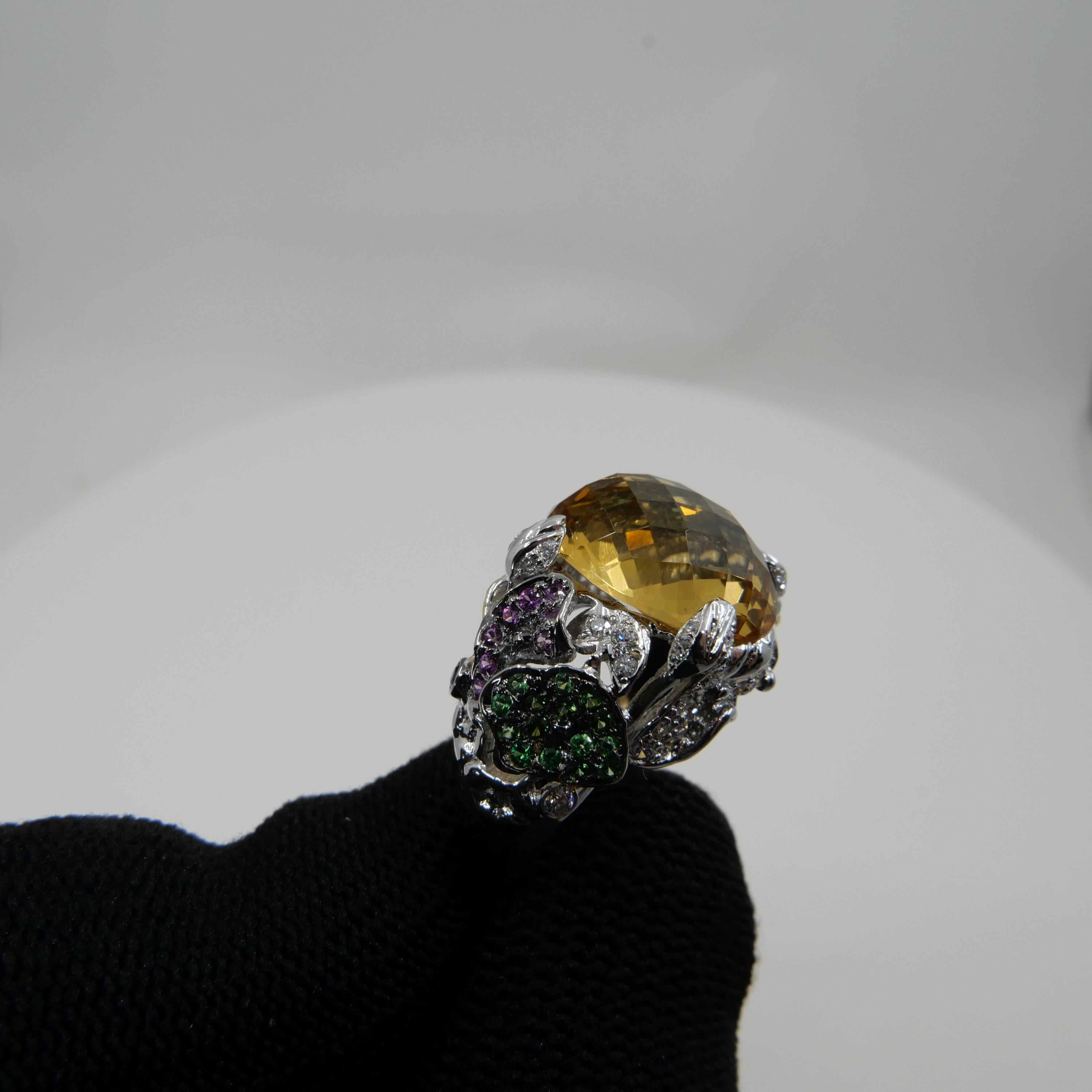 Checker Cut Yellow Topaz, Diamond & Colored Gemstones Cocktail Ring, Colorful For Sale 10
