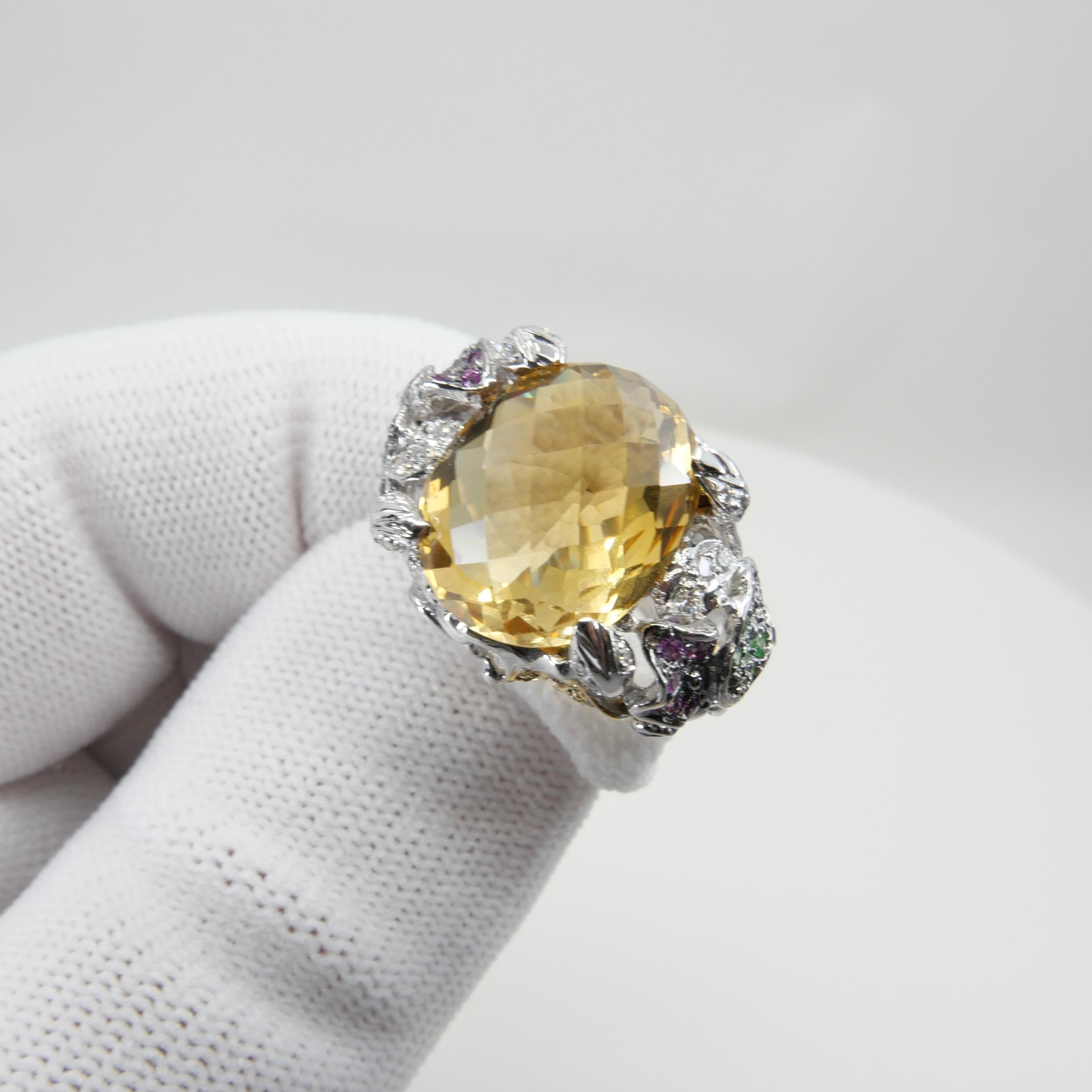 Cabochon Checker Cut Yellow Topaz, Diamond & Colored Gemstones Cocktail Ring, Colorful For Sale