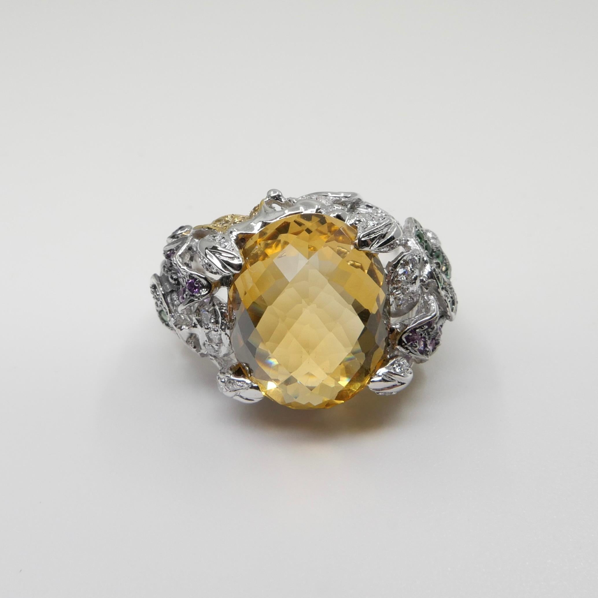 Checker Cut Yellow Topaz, Diamond & Colored Gemstones Cocktail Ring, Colorful For Sale 1