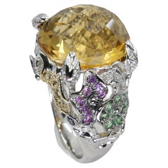 Checker Cut Yellow Topaz, Diamond & Colored Gemstones Cocktail Ring, Colorful