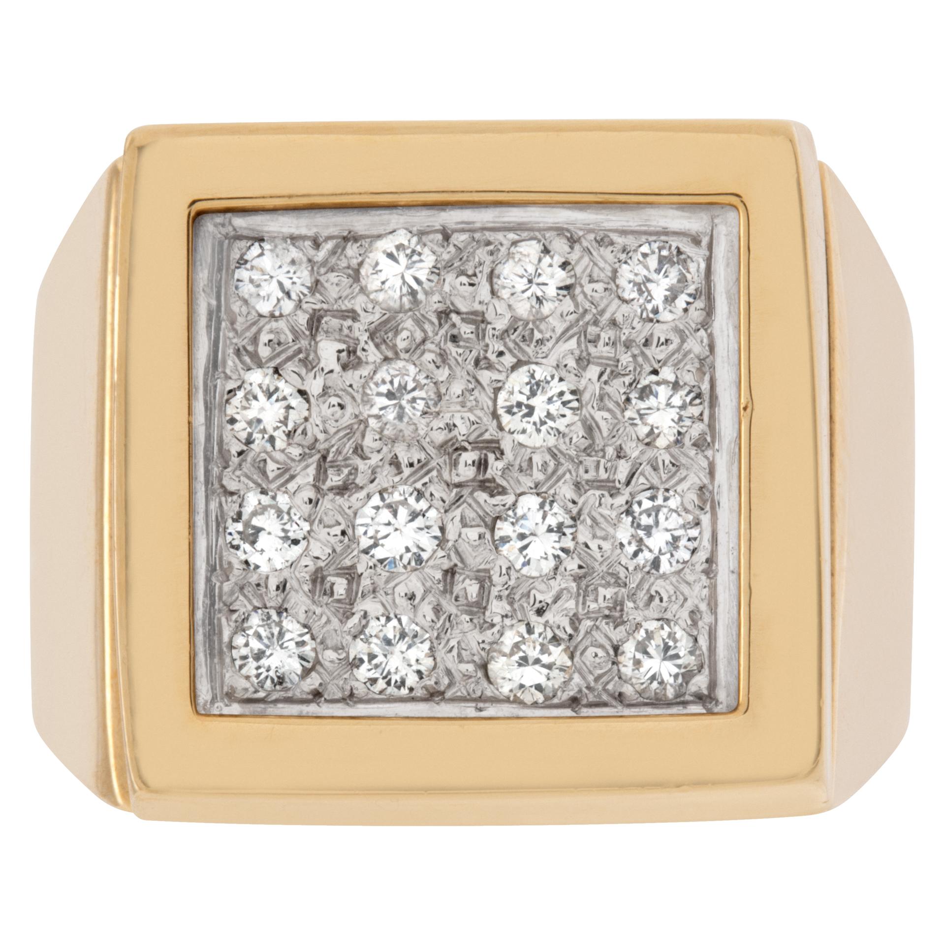 Checker diamonds ring in 14K yellow gold. Round brilliant cut diamonds total approx. weight: 1.00 carat, estimate G-H color, VS, SI clarity. Square Head: 16.5 x 16.5mm. Size 8.5

This Diamond ring is currently size 8.5 and some items can be sized up