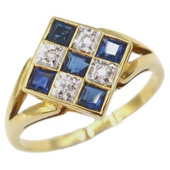 Checker Tilted Chequered Square Blue Sapphire White Diamond 14K Gold Ring