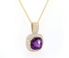 Checkerboard Amethyst & 0.60ctw Diamond Frame Pendant Necklace, 14K Yellow Gold