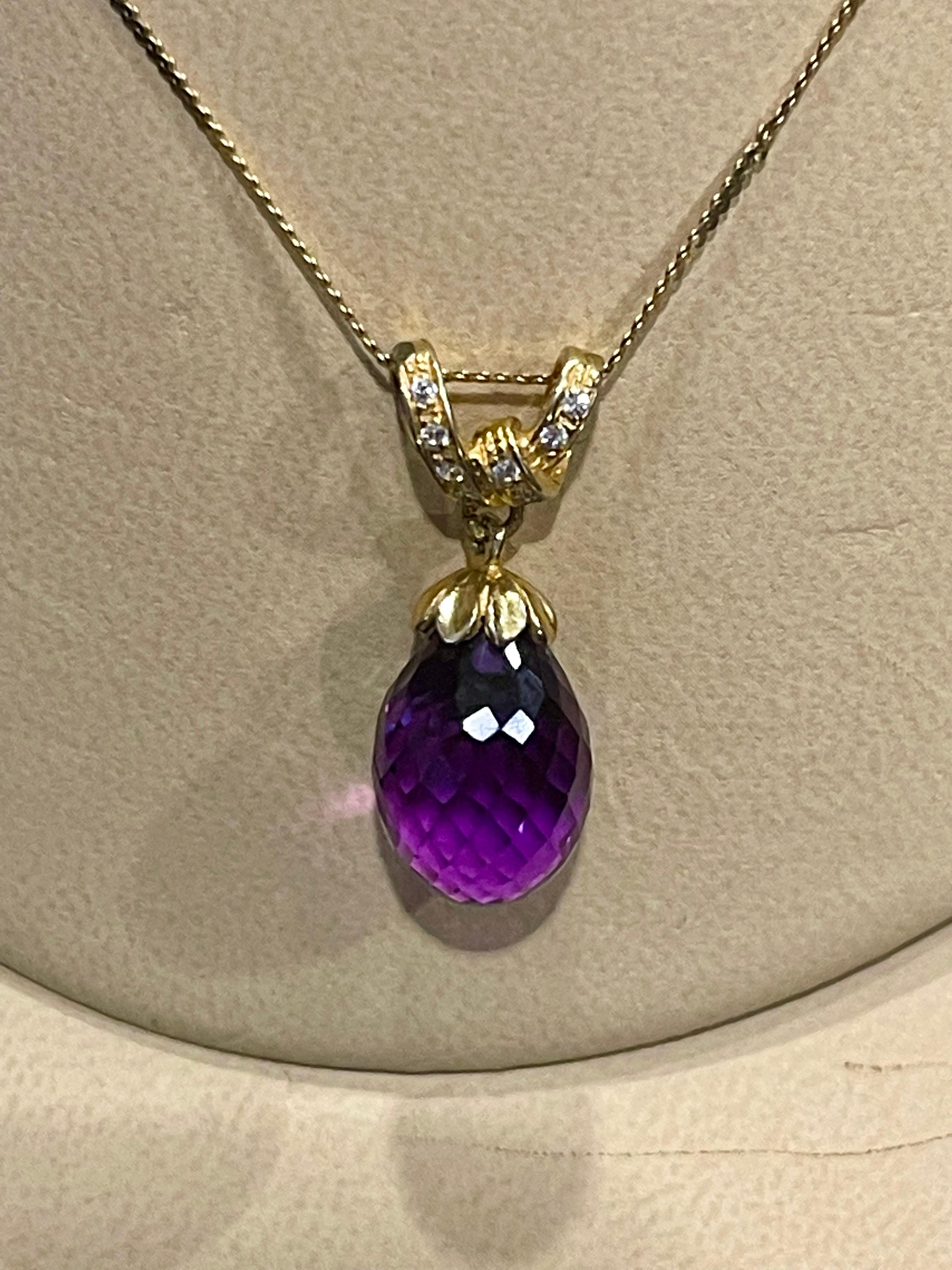 Checkerboard Amethyst Drop & Diamond Pendent/Necklace 14 Karat Yellow Gold Chain For Sale 3