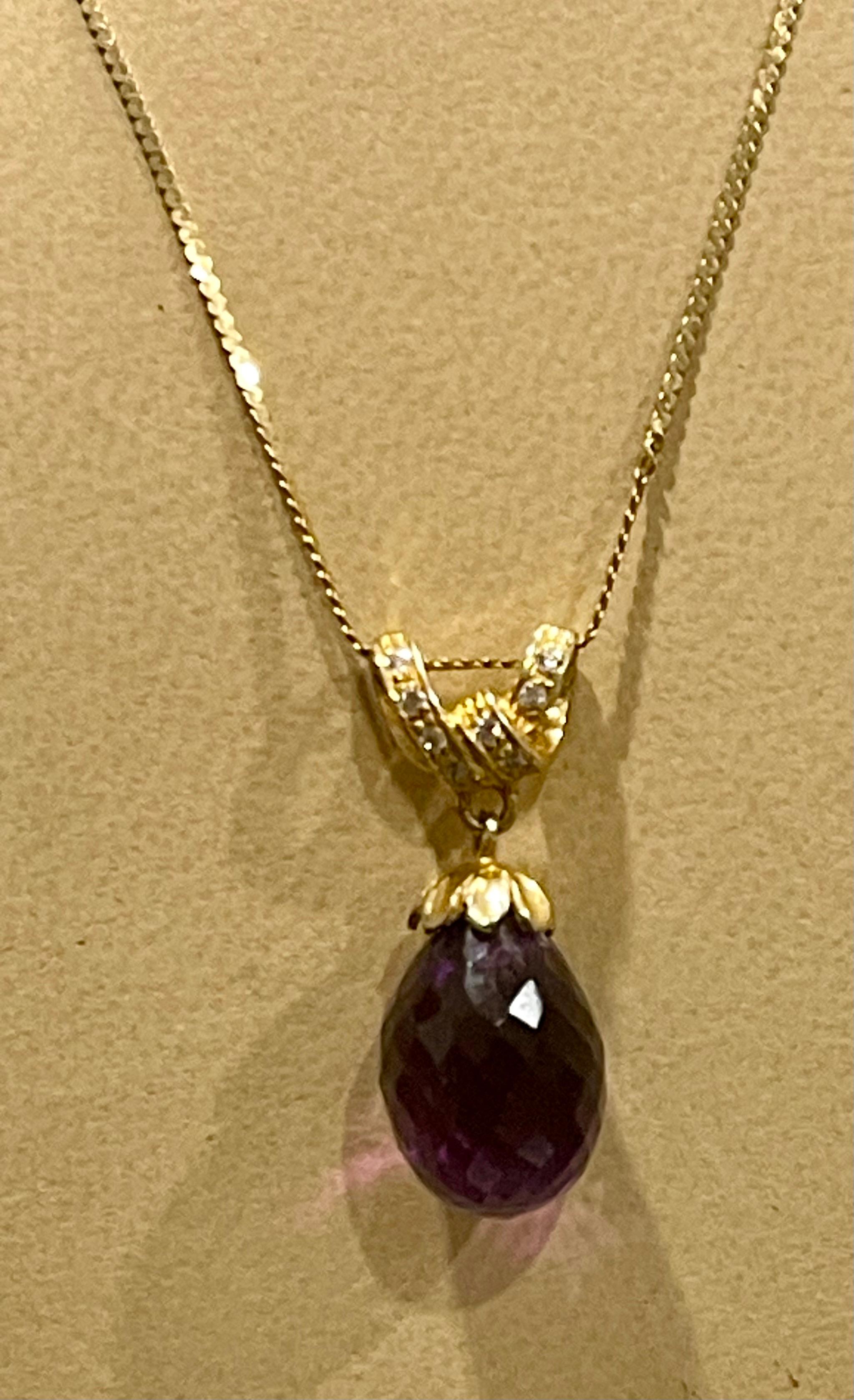 Checkerboard Amethyst Drop & Diamond Pendent/Necklace 14 Karat Yellow Gold Chain For Sale 4
