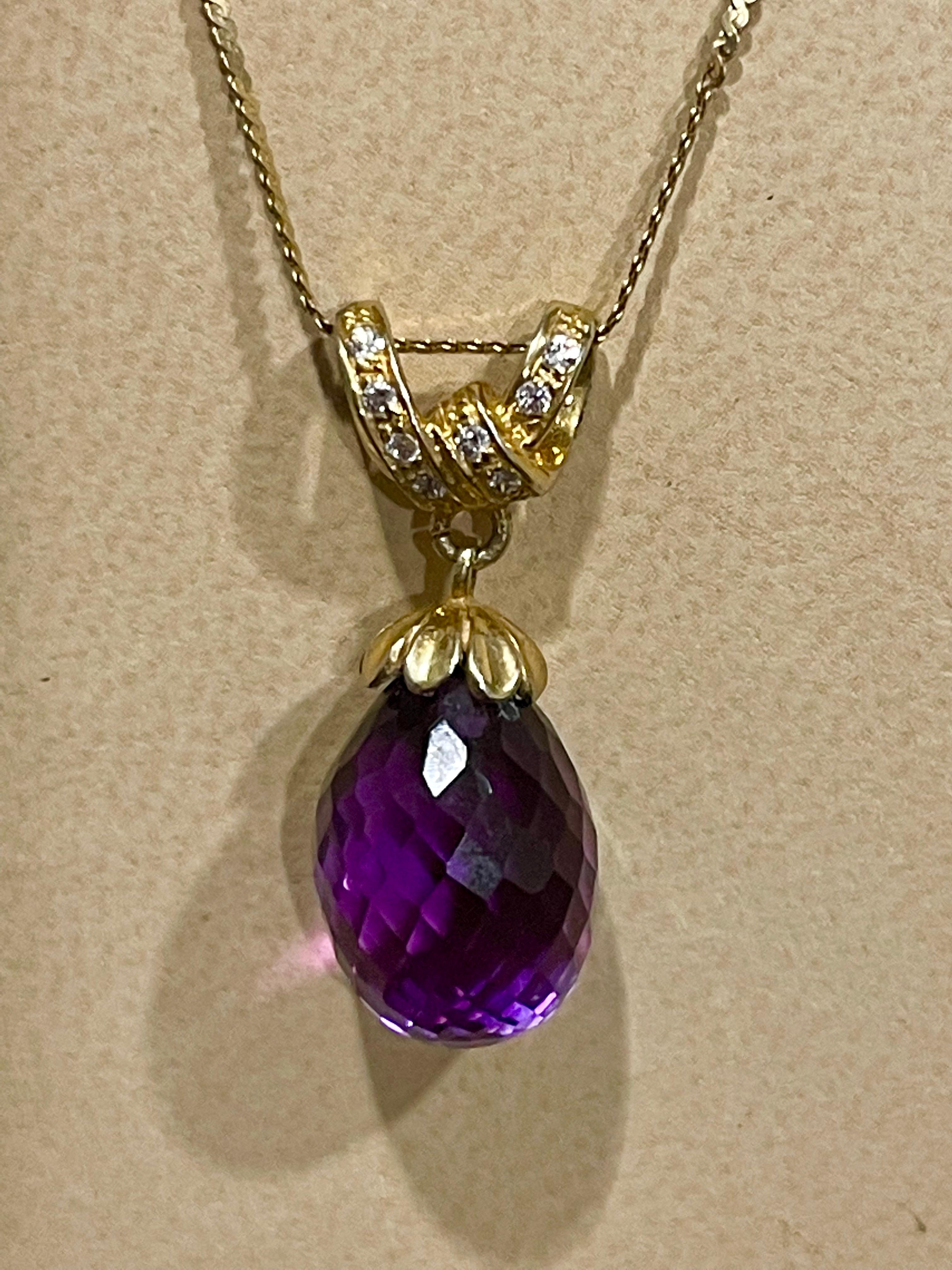 Checkerboard Amethyst Drop & Diamond Pendent/Necklace 14 Karat Yellow Gold Chain For Sale 5